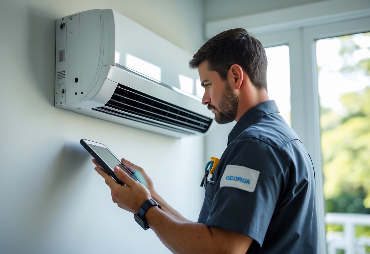 HVAC technician inspecting a ductless air conditioning unit mounted on a wall inside a bright residential room with a window showing green trees outside.