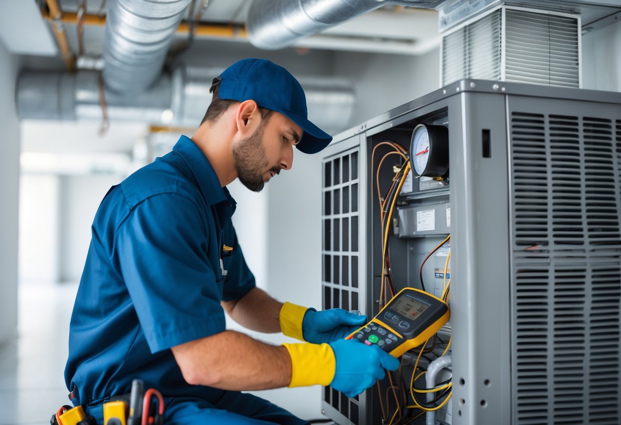 A technician inspecting and repairing a commercial air conditioning unit in a mechanical room.