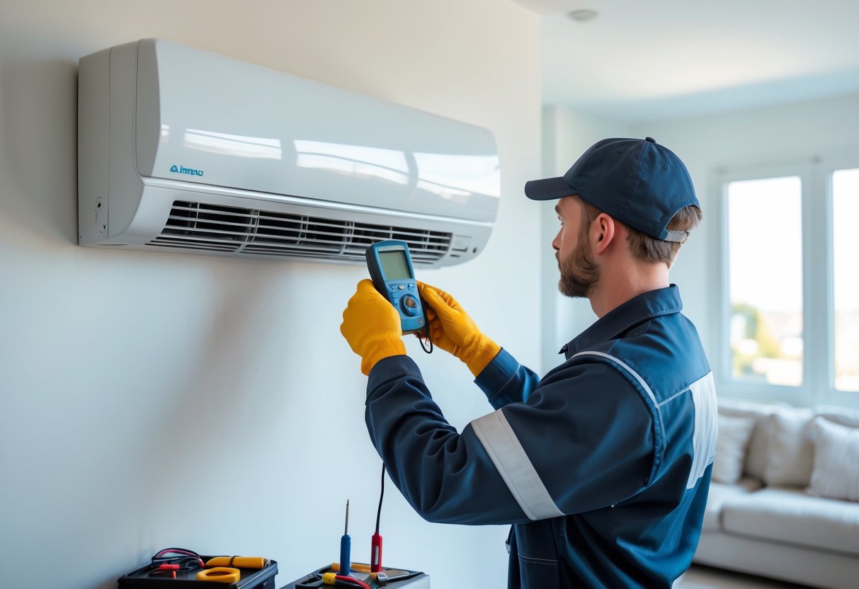 An HVAC technician inspecting a ductless air conditioning unit on a wall inside a bright living room with tools nearby.