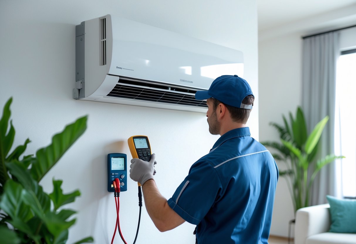 Technician inspecting a ductless air conditioning unit mounted on a wall in a bright, clean room.