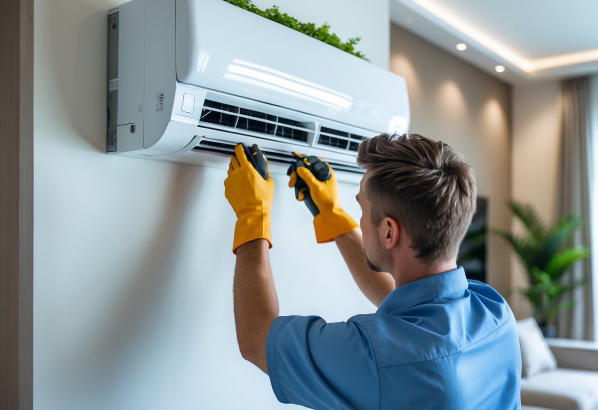 An HVAC technician repairing a ductless air conditioner mounted on a wall inside a modern living room.