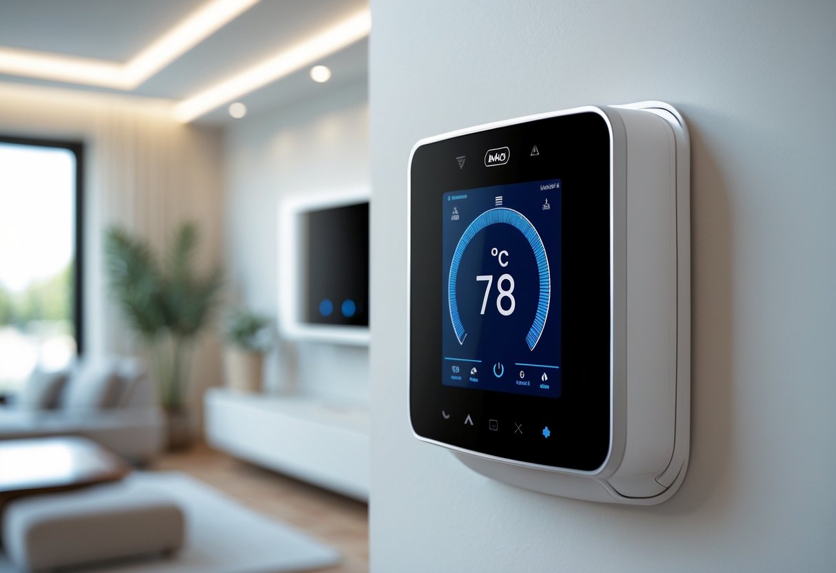 A modern thermostat mounted on a wall with ductless air conditioning units visible in a clean living room.