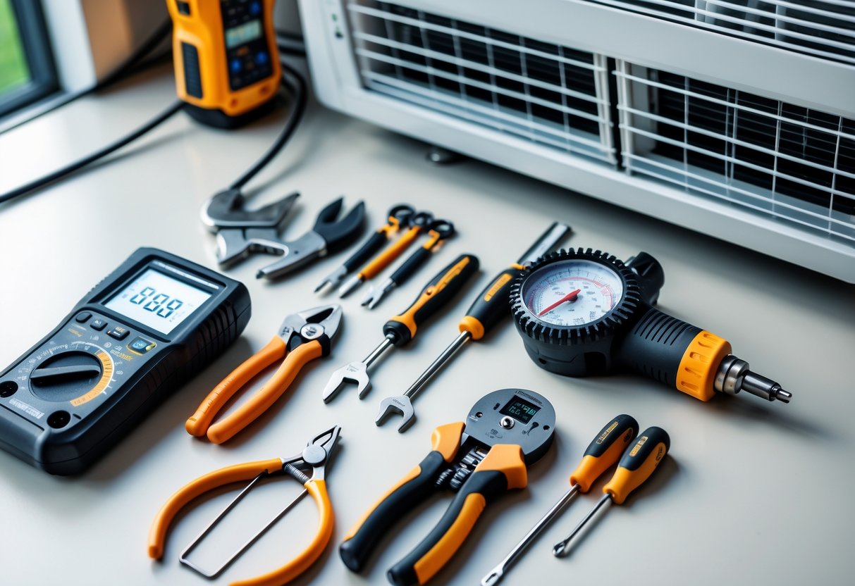 A set of hand tools arranged on a workbench with a ductless air conditioner unit in the background.