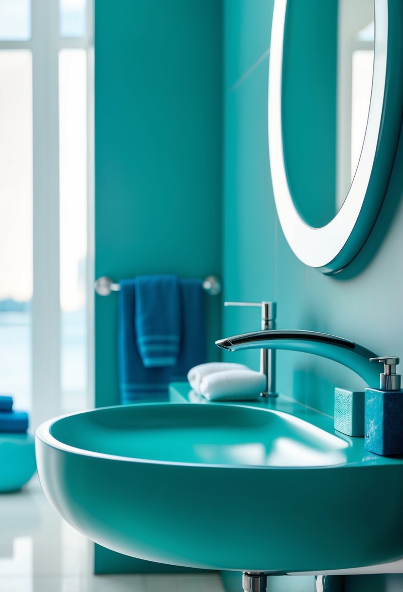 22 Blue Accents in the Bathroom for a Fresh and Stylish Look 3 A bathroom with a teal curved wall-mounted sink and blue decorative accents.