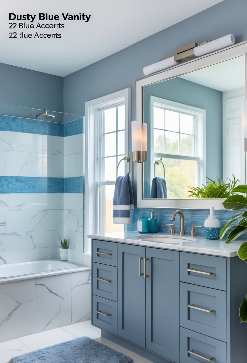22 Blue Accents in the Bathroom for a Fresh and Stylish Look 4 A bathroom with a dusty blue vanity, white countertop, a large mirror, blue accent tiles, and natural light.