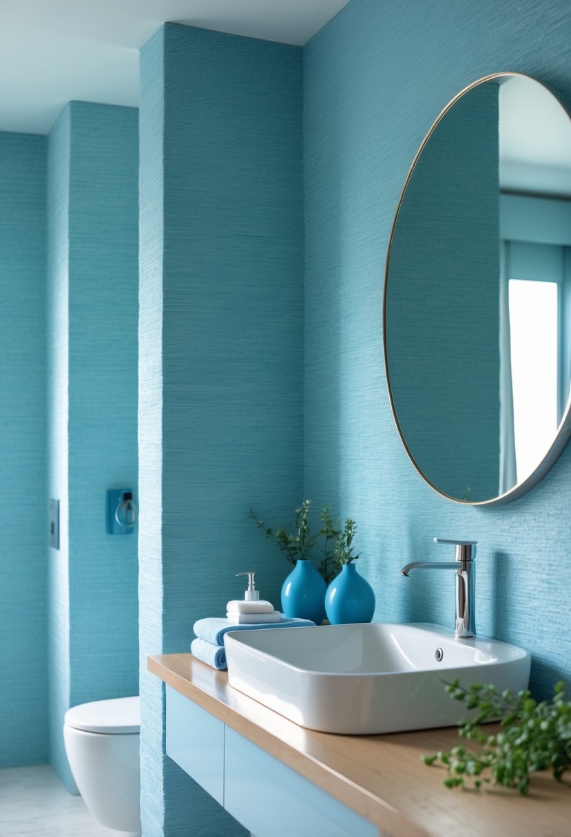 22 Blue Accents in the Bathroom for a Fresh and Stylish Look 6 A bathroom with light blue textured wallpaper and blue decorative accents around a white sink and mirror.