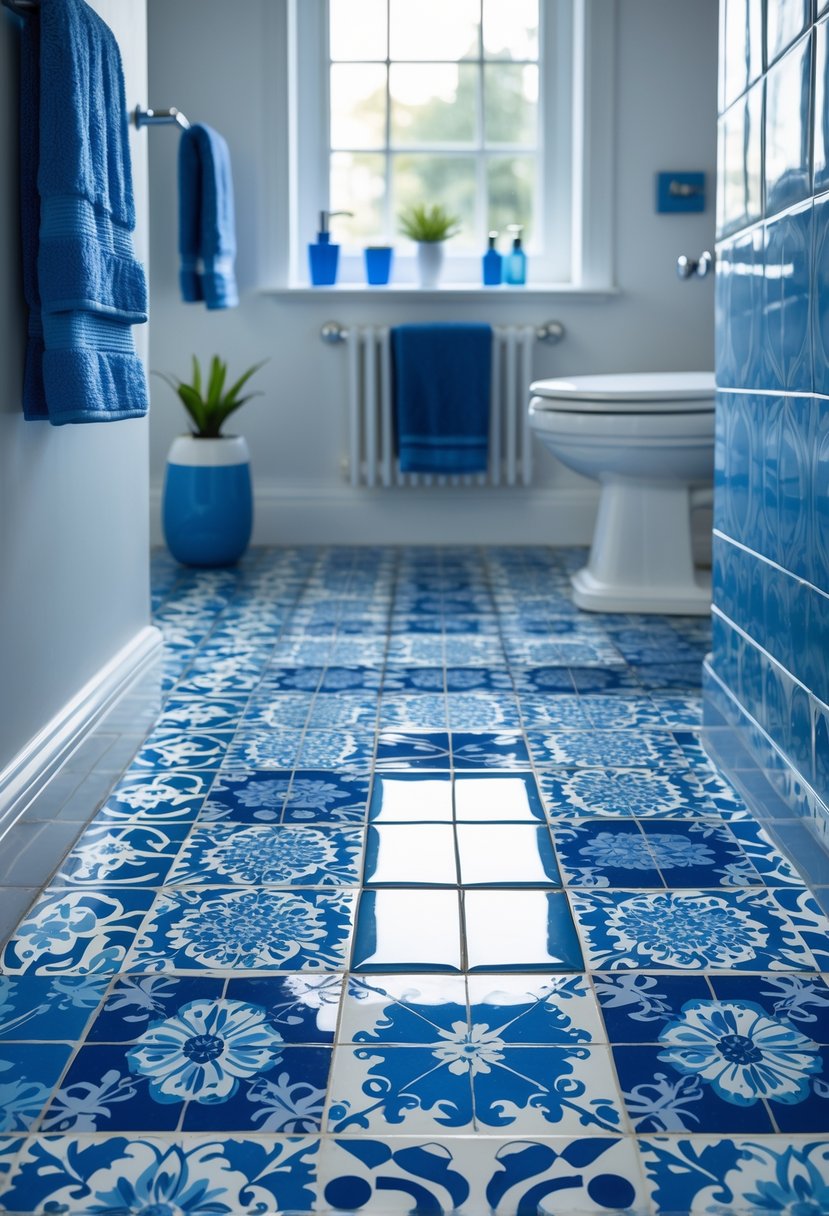 22 Blue Accents in the Bathroom for a Fresh and Stylish Look 7 A bathroom floor with blue patterned tiles and matching blue accents throughout the space.