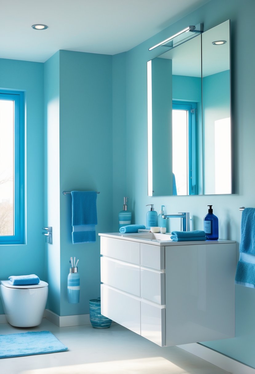 22 Blue Accents in the Bathroom for a Fresh and Stylish Look 8 A bathroom with soft pastel blue walls and blue decorative accents, including towels and accessories.
