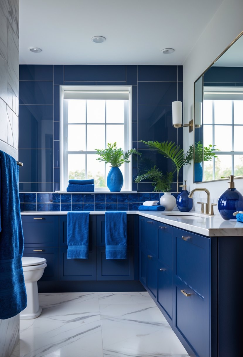 22 Blue Accents in the Bathroom for a Fresh and Stylish Look 9 A bathroom with bold navy blue cabinets and blue decorative accents, featuring a white marble countertop and natural light.