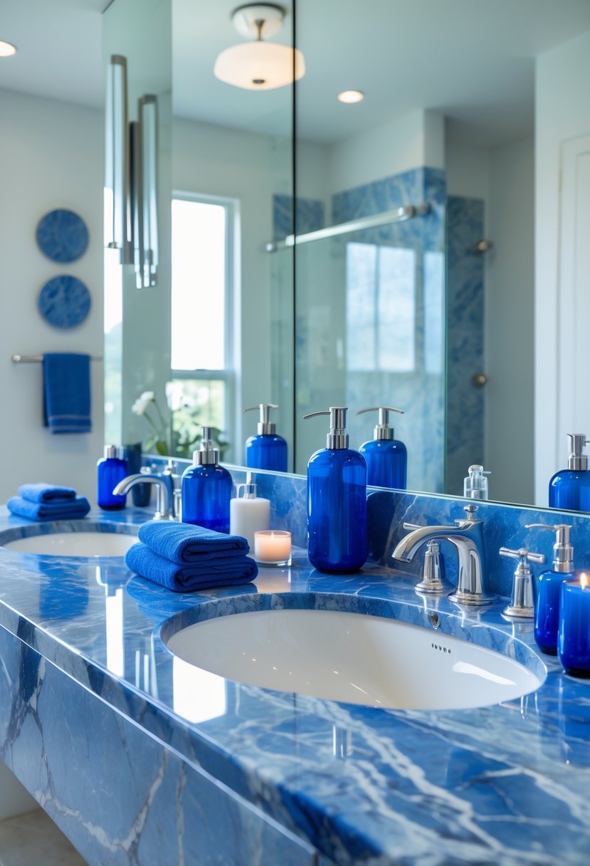 22 Blue Accents in the Bathroom for a Fresh and Stylish Look 10 A bathroom countertop made of blue marble with blue decorative items and towels arranged around a white sink and chrome fixtures.