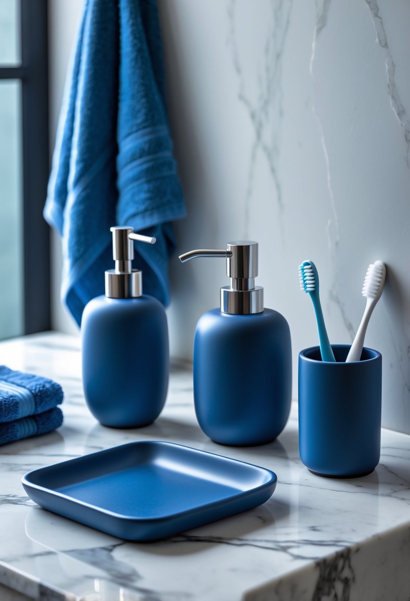 22 Blue Accents in the Bathroom for a Fresh and Stylish Look 11 A bathroom countertop with matte blue ceramic soap dispenser, toothbrush holder, and tray, alongside blue towels and decor.
