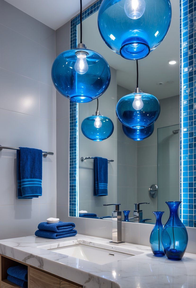 22 Blue Accents in the Bathroom for a Fresh and Stylish Look 13 A bathroom with blue glass pendant lights hanging above a sink and blue decorative accents.