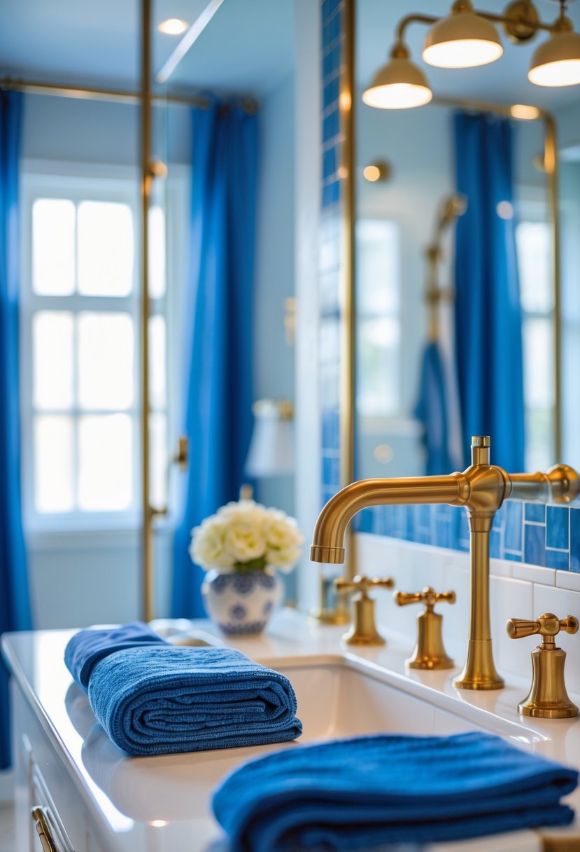 22 Blue Accents in the Bathroom for a Fresh and Stylish Look 14 A bathroom with blue accents and mixed blue and gold metal fixtures including faucets and handles.