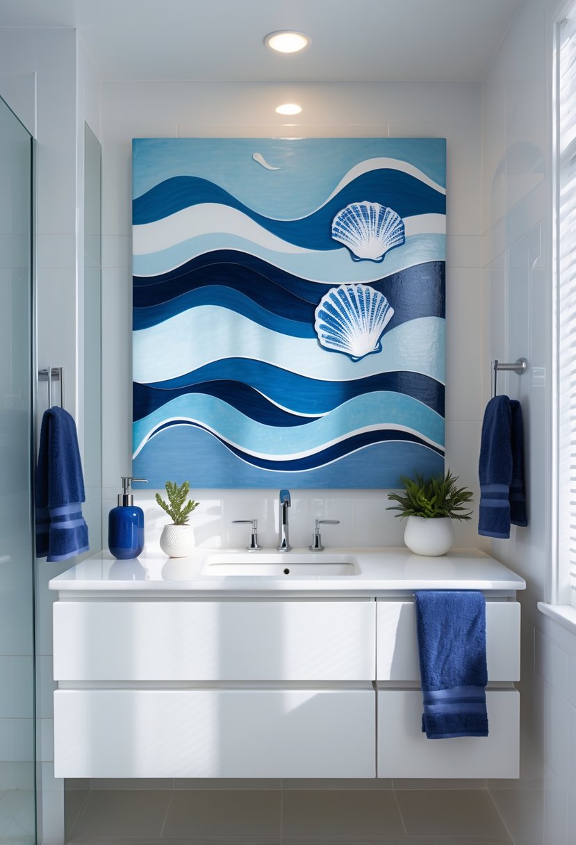 22 Blue Accents in the Bathroom for a Fresh and Stylish Look 15 A modern bathroom with blue coastal-themed wall art above a white vanity, featuring blue towels and natural light.