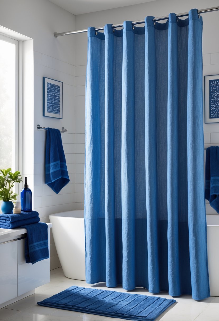 22 Blue Accents in the Bathroom for a Fresh and Stylish Look 16 A bathroom with blue linen shower curtains and multiple blue decorative accents arranged throughout the space.