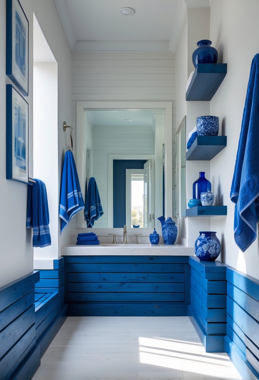 22 Blue Accents in the Bathroom for a Fresh and Stylish Look 20 A bathroom with blue stained wooden baseboards and blue decorative accents.