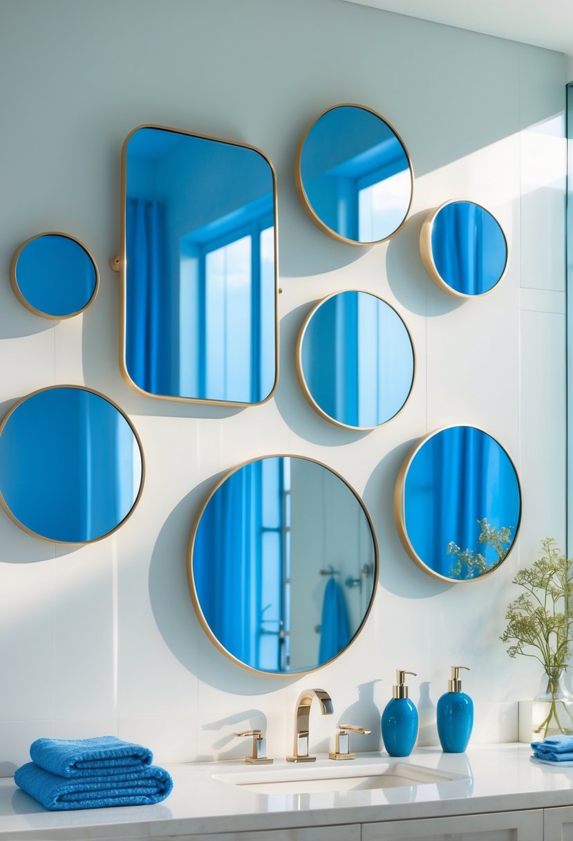 22 Blue Accents in the Bathroom for a Fresh and Stylish Look 21 A bathroom wall decorated with several blue accent mirrors with metal frames, reflecting light and surrounded by subtle blue decorative items.