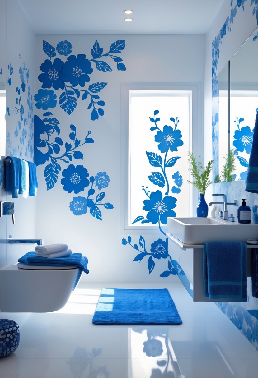 22 Blue Accents in the Bathroom for a Fresh and Stylish Look 22 A modern bathroom with blue floral wall decals and matching blue accents including towels and decor.