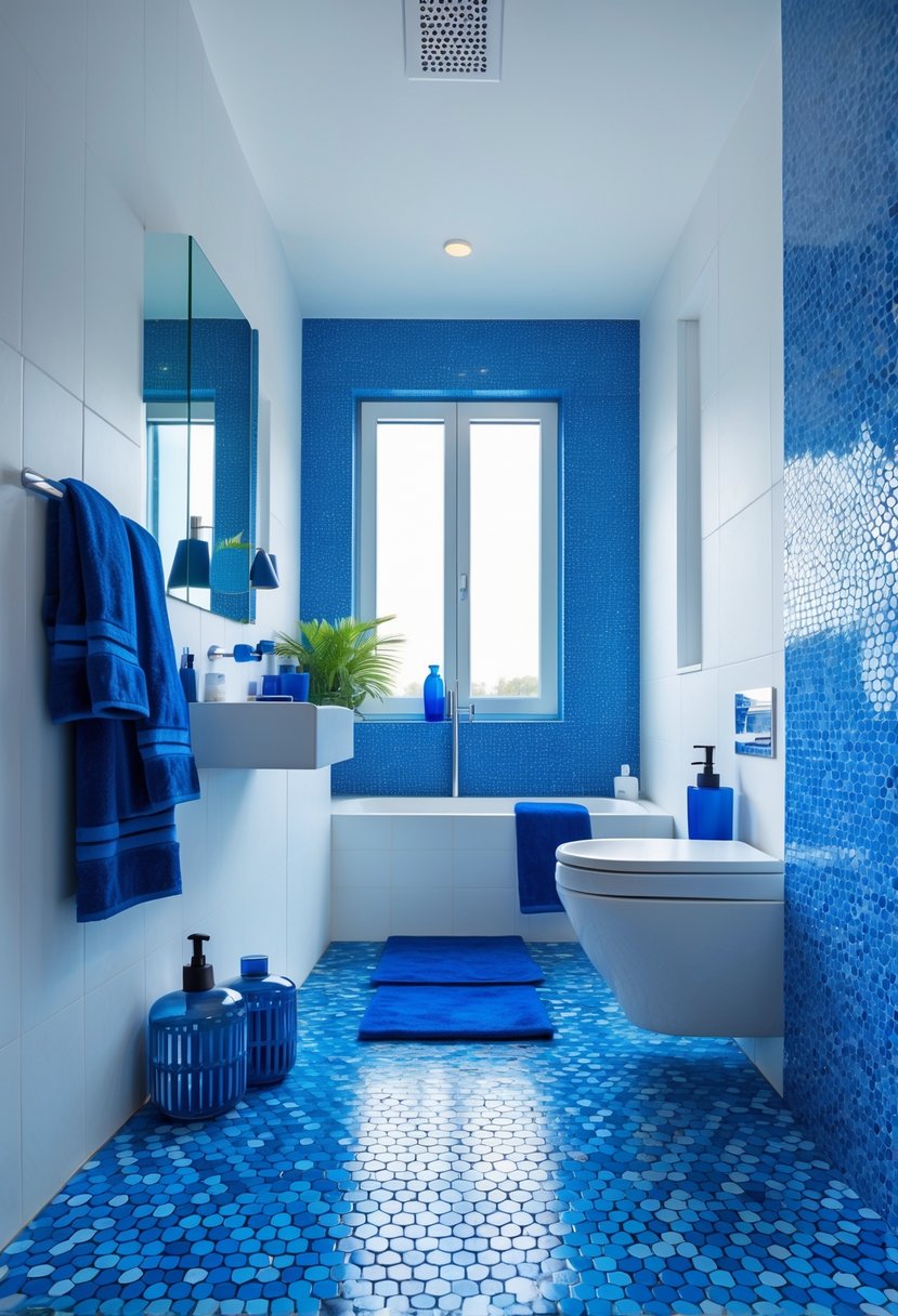 22 Blue Accents in the Bathroom for a Fresh and Stylish Look 23 A bathroom with blue hexagonal floor tiles and blue decorative accents.
