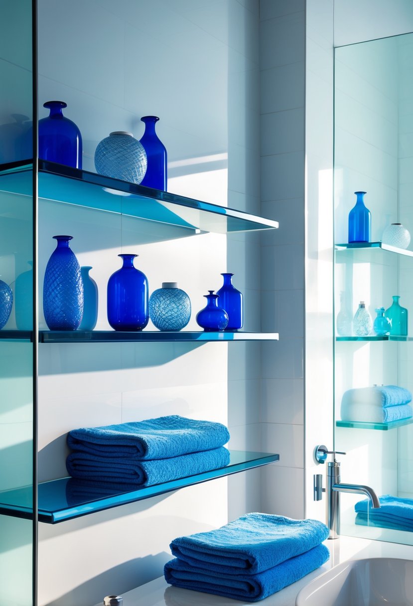 22 Blue Accents in the Bathroom for a Fresh and Stylish Look 24 A bathroom with blue glass shelves holding blue decorative items and towels against a white wall.