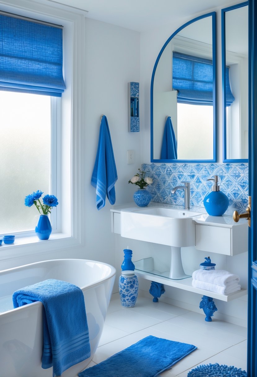 22 Blue Accents in the Bathroom for a Fresh and Stylish Look 25 A modern bathroom with white fixtures and various blue accents including towels, tiles, and accessories.