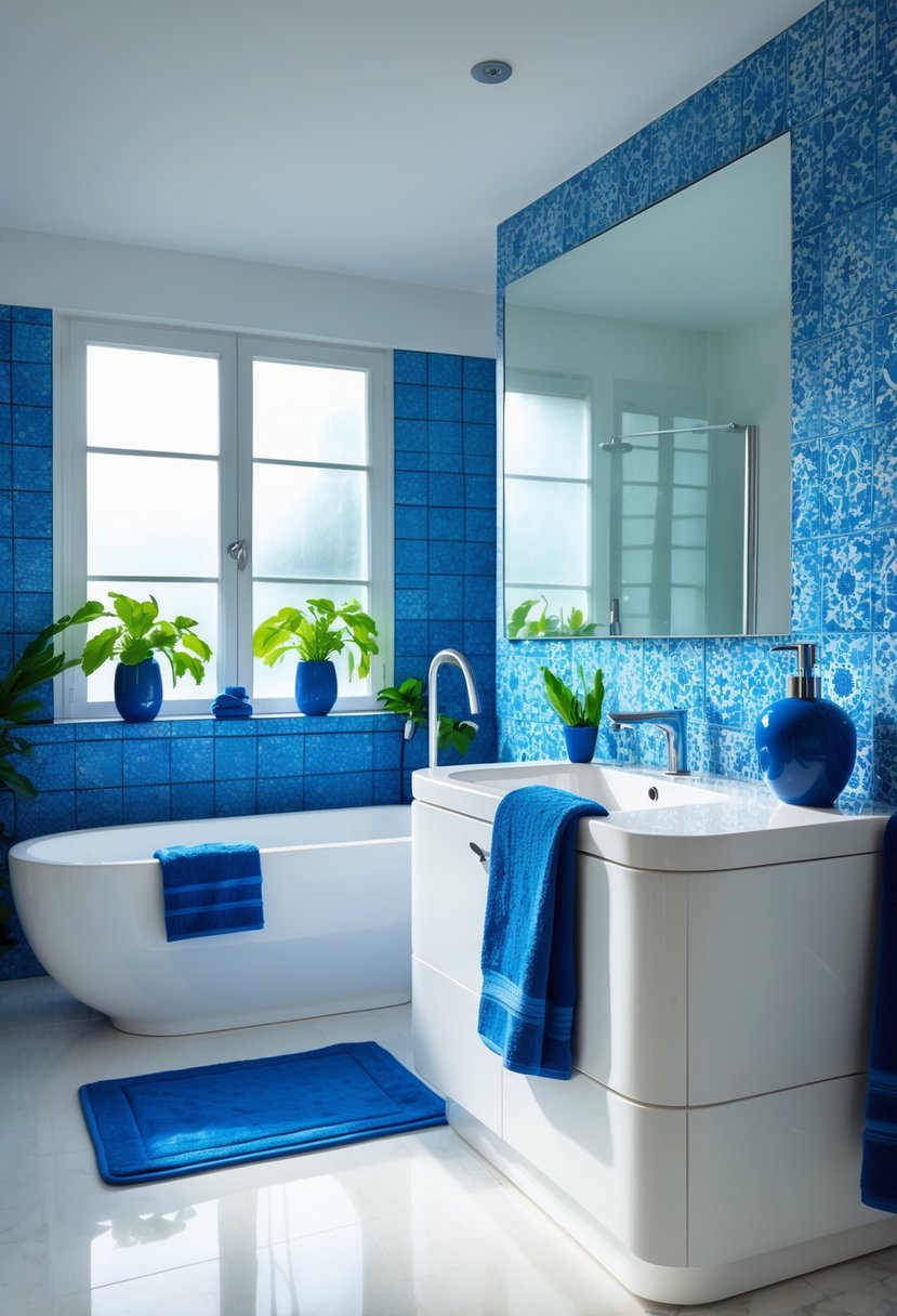 22 Blue Accents in the Bathroom for a Fresh and Stylish Look 26 A modern bathroom with blue towels, blue decorative tiles, blue accessories on the vanity, and green plants near a window.