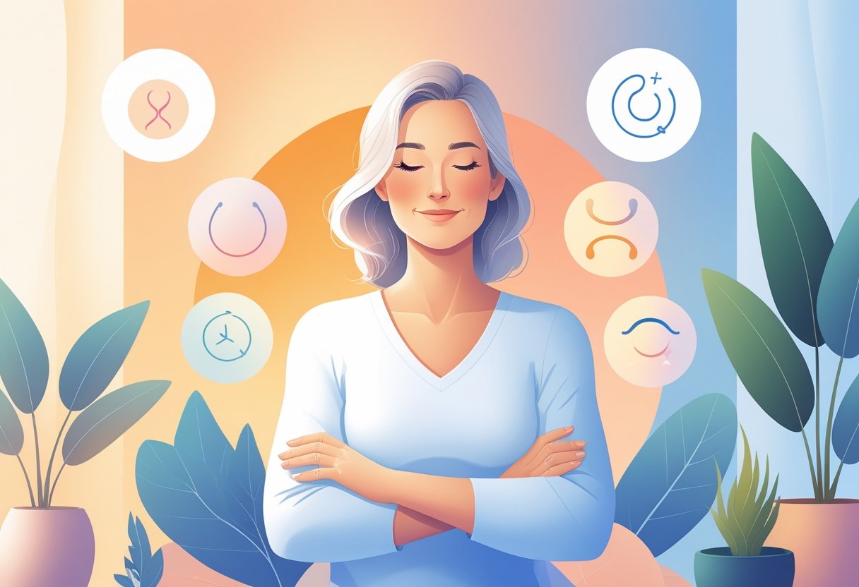 Mulher de meia-idade em um ambiente tranquilo, cercada por elementos que simbolizam as fases e sintomas da menopausa.