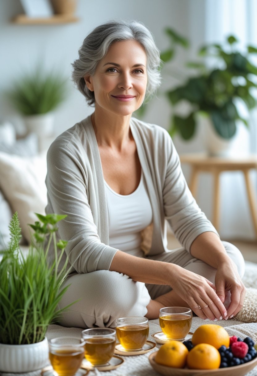 Mulher de meia-idade sentada em um ambiente claro e acolhedor, rodeada por plantas, chá e frutas, transmitindo cuidado natural e bem-estar.