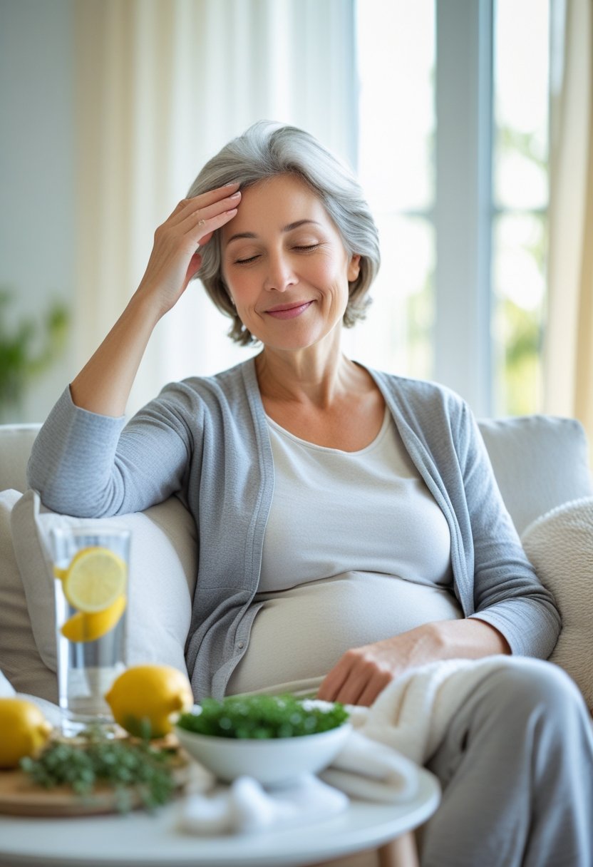 Mulher de meia-idade sentada confortavelmente em uma sala iluminada, tocando a testa com expressão de alívio, com elementos naturais como água com limão e ervas ao lado.