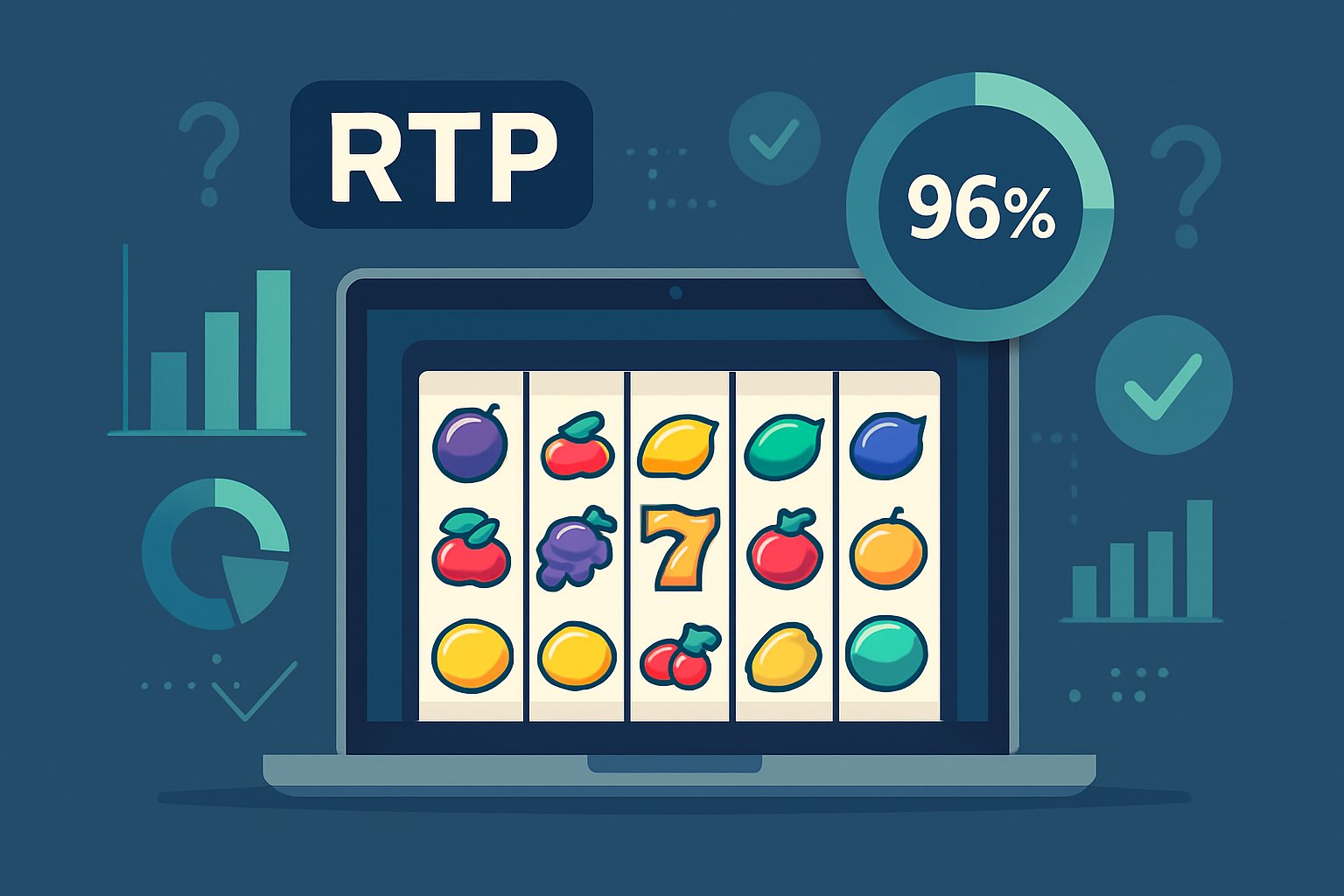 Ilustrasi komputer yang menampilkan permainan slot online dengan grafik data dan ikon yang melambangkan konsep RTP serta perbedaan antara mitos dan fakta.