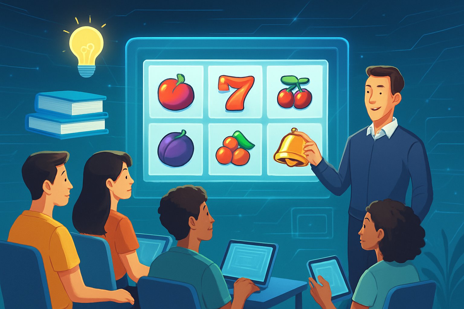 Seorang instruktur mengajar sekelompok orang muda tentang mesin slot online di ruang kelas digital dengan layar besar yang menampilkan gulungan mesin slot berwarna-warni.