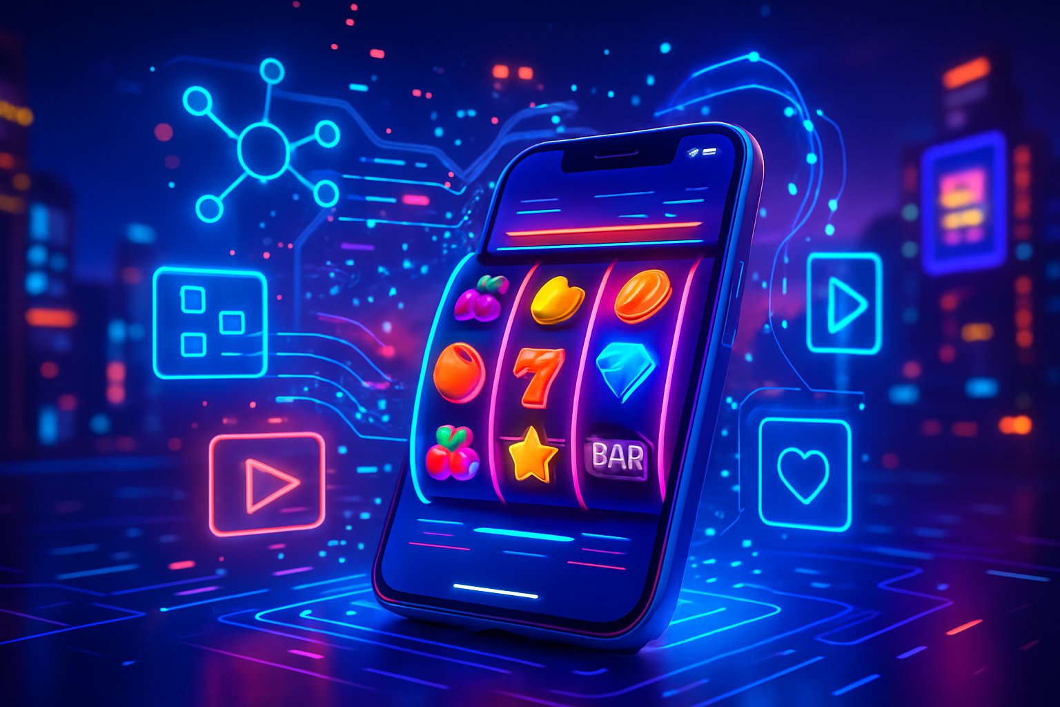 Pemandangan sebuah ponsel modern menampilkan permainan slot online dengan latar belakang kota futuristik dan elemen digital yang mengelilingi ponsel tersebut.