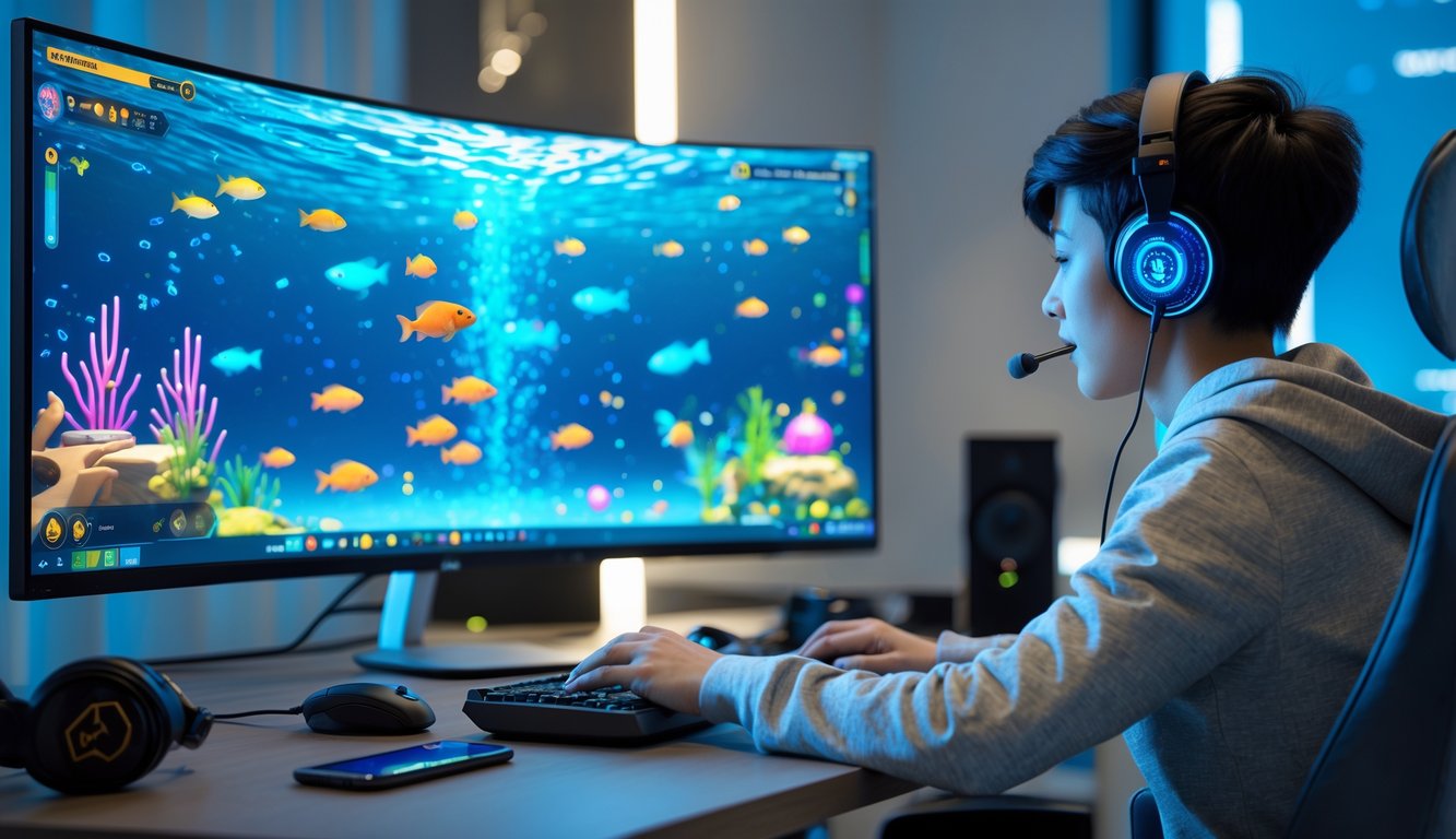 Seseorang sedang bermain permainan tembak ikan online di depan komputer di sebuah ruangan yang terang.
