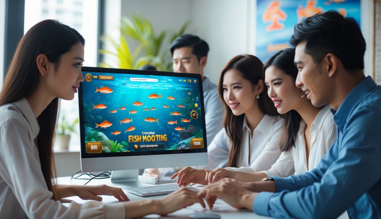 Sejumlah orang muda sedang bermain permainan tembak ikan di komputer dalam ruangan yang terang dan modern.