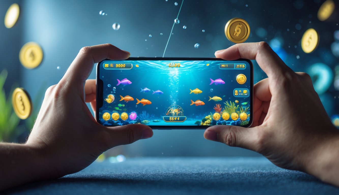 Tangan seseorang memegang ponsel yang menampilkan permainan tembak ikan dengan ikan berwarna-warni dan ikon jackpot di layar.