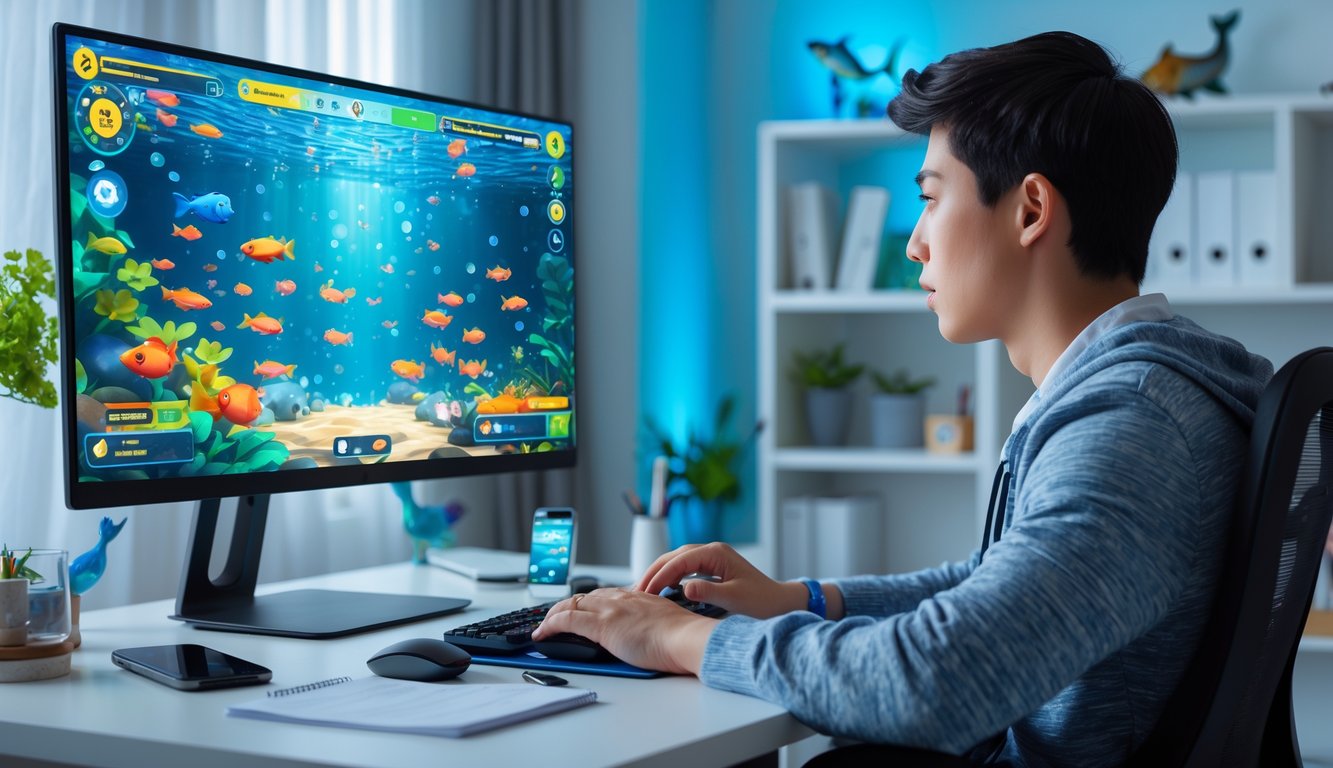 Seorang pemula sedang belajar strategi tembak ikan online di depan komputer di ruang kerja rumah yang rapi.