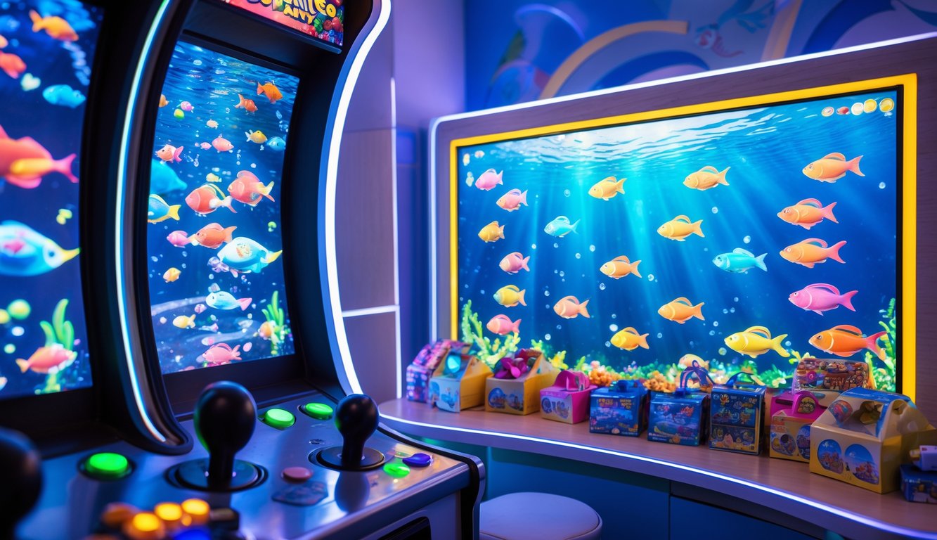Mesin permainan tembak ikan dengan layar digital berwarna-warni dan hadiah menarik di sekitarnya.