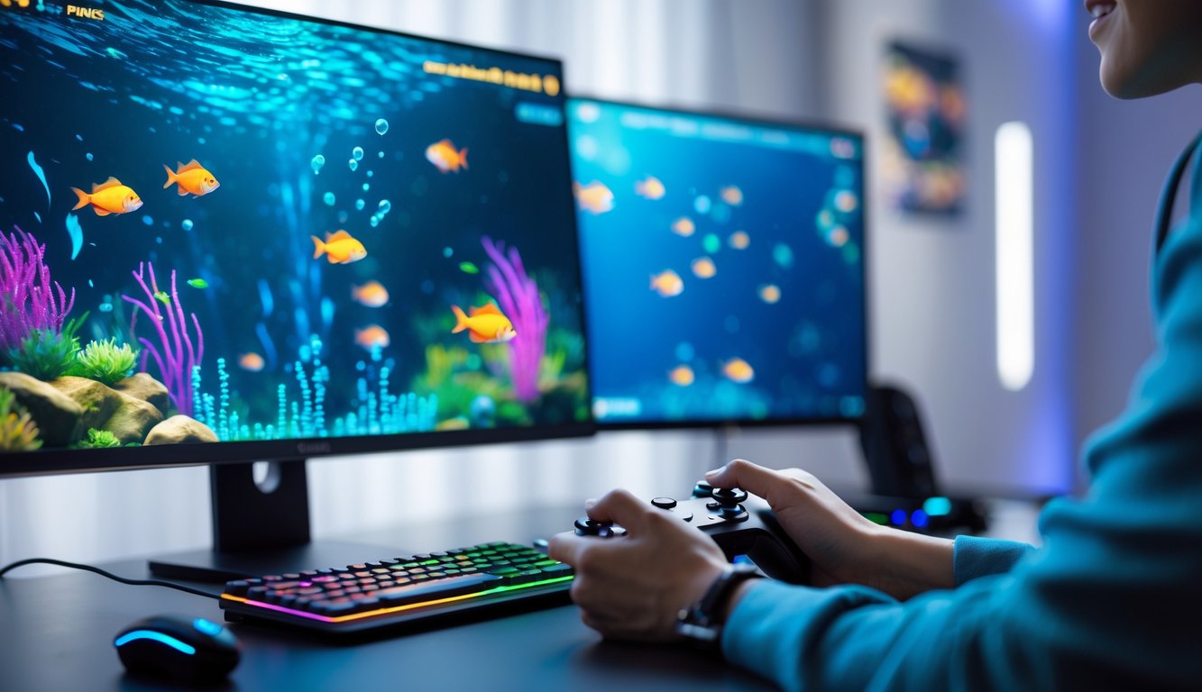 Seorang pemain sedang bermain game tembak ikan di komputer dengan layar menampilkan ikan berwarna-warni di bawah air.