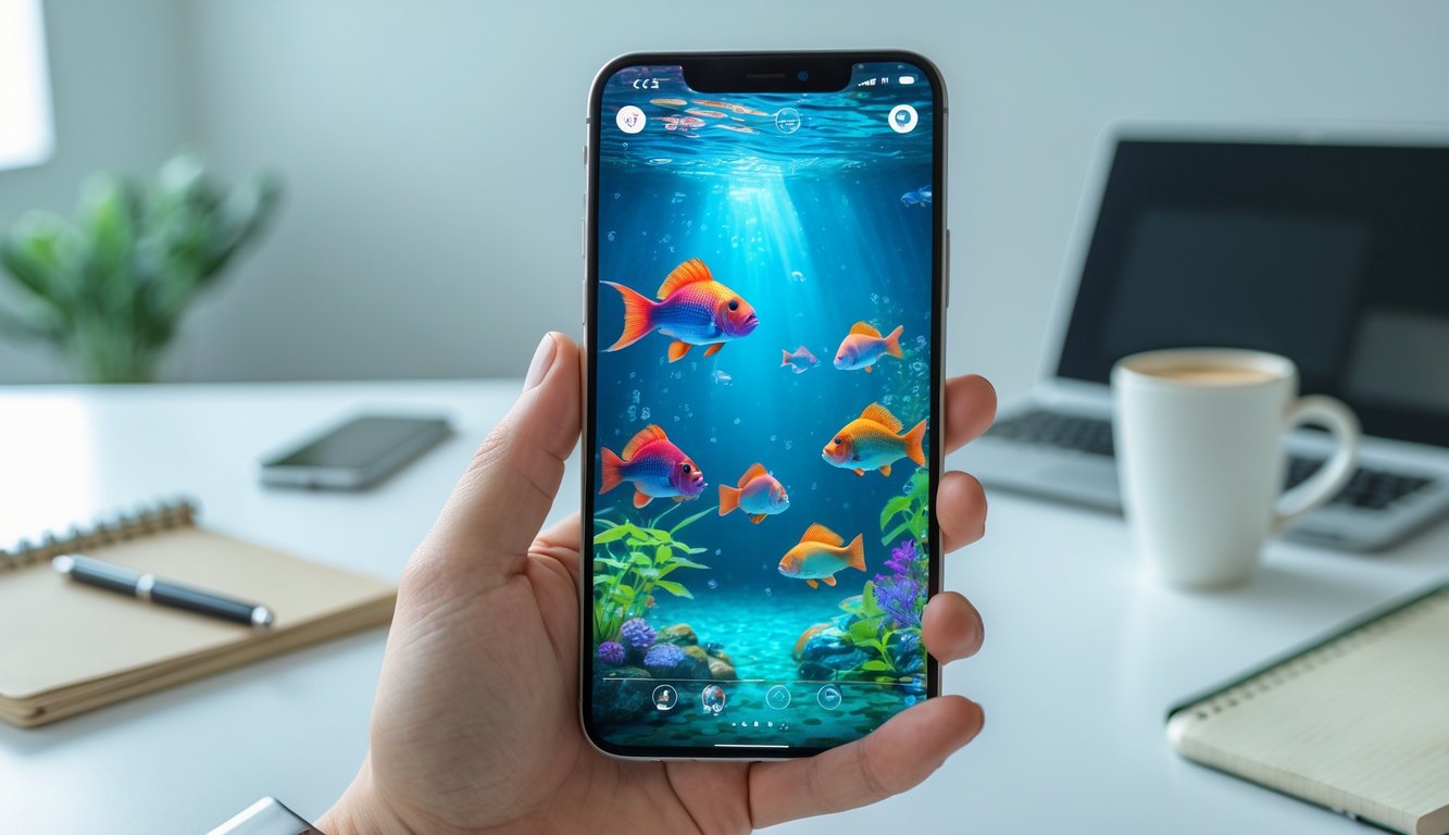 Seseorang memegang smartphone yang menampilkan permainan ikan digital berwarna-warni di layar dengan latar belakang meja kerja minimalis.