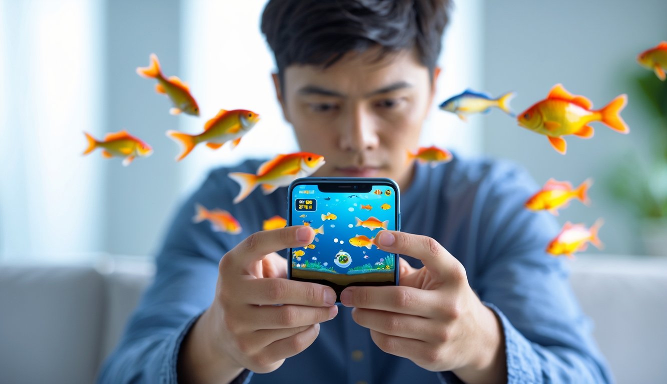 Seseorang sedang bermain game tembak ikan online di ponsel dengan ekspresi fokus.
