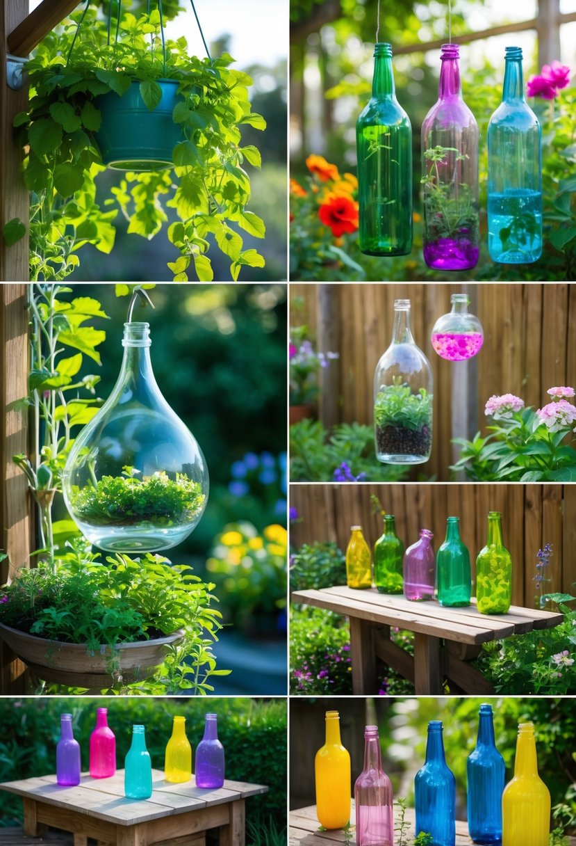 A garden with glass bottles creatively reused as planters, watering globes, bird feeders, and decorative garden markers among flowers and greenery.