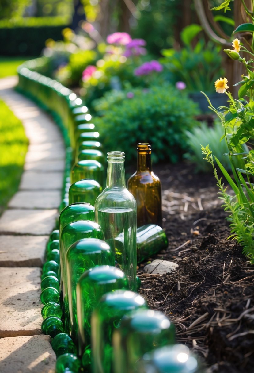 A garden walkway bordered by colorful glass bottles embedded in the soil, surrounded by green plants and flowers.