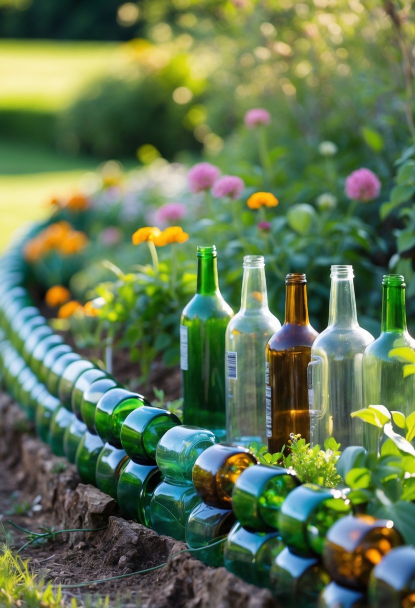A garden flower bed bordered by stacked colorful glass bottles with blooming flowers inside.