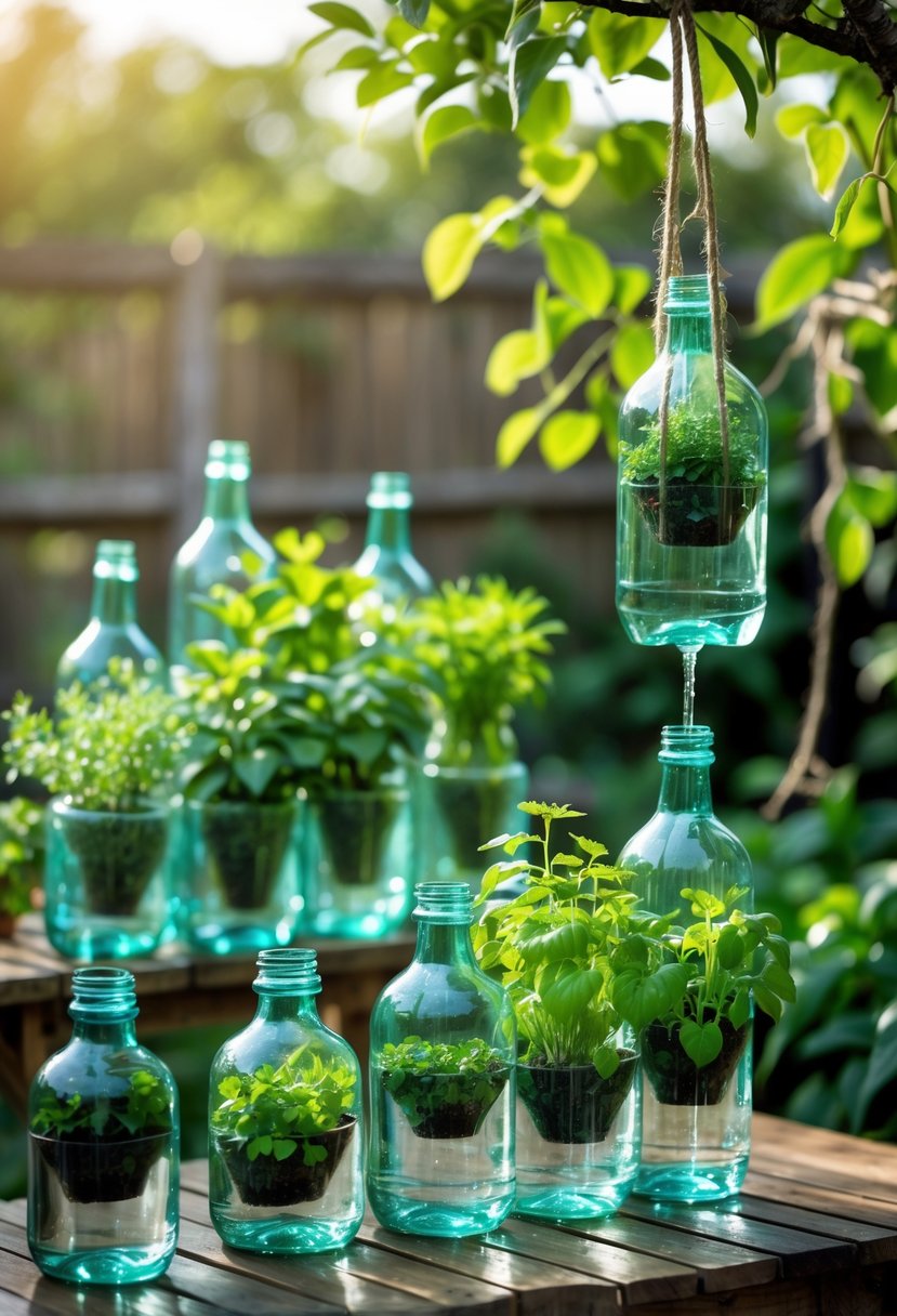 Various glass bottle self-watering planters with green plants arranged on a wooden table and hanging in a garden.