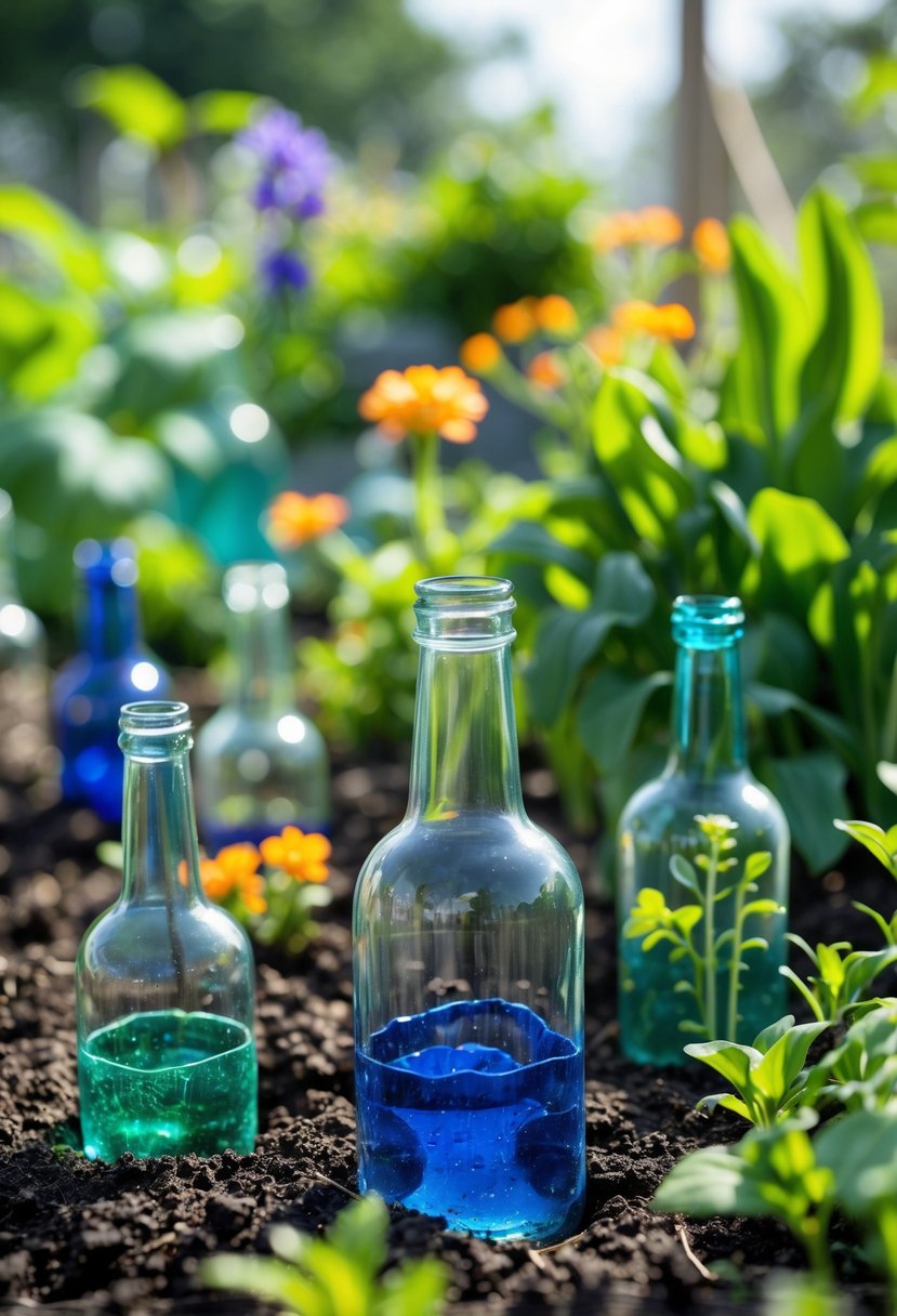 A garden with colorful glass bottle bottoms used as markers among green plants and flowers in soil.