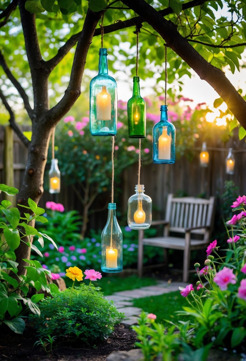 A garden with glass bottles repurposed as glowing lamps hanging from trees and placed among plants and flowers.