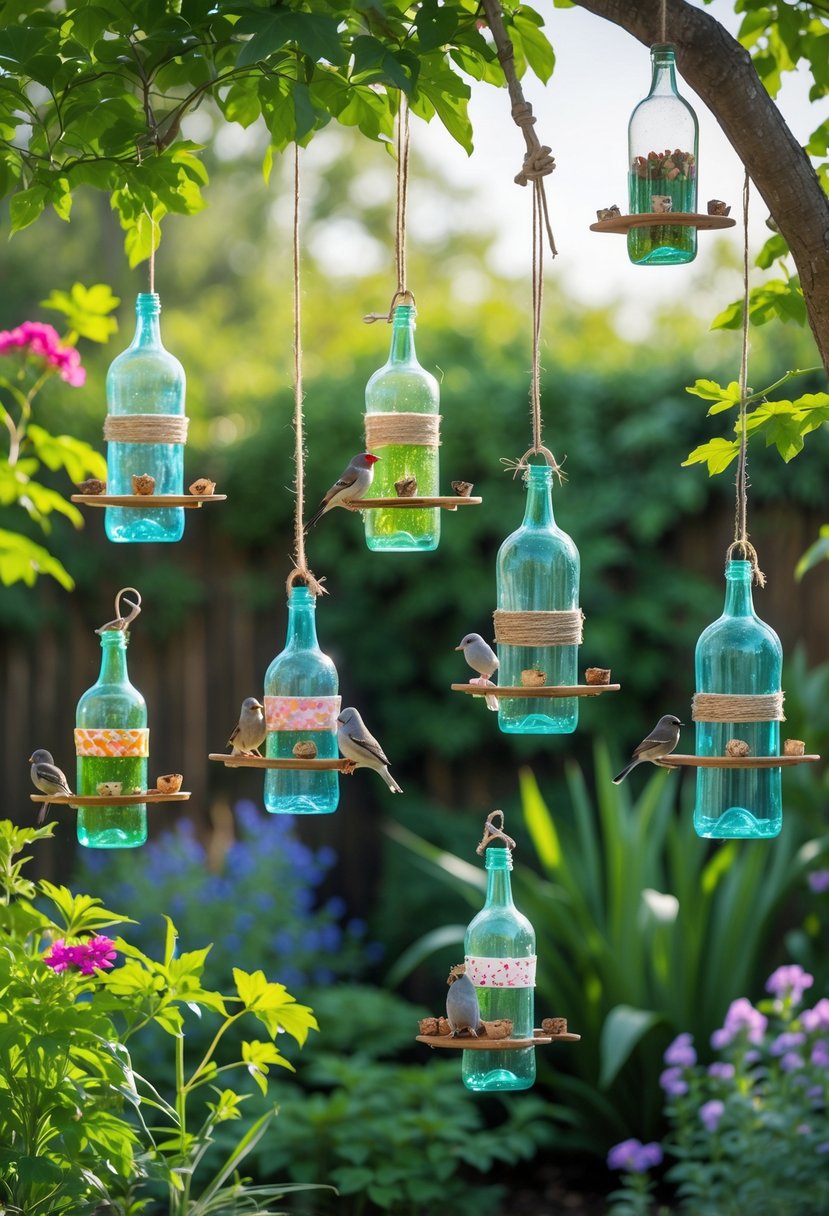Twelve glass bottle bird feeders hanging in a green garden with small birds perched on them and colorful plants surrounding the scene.