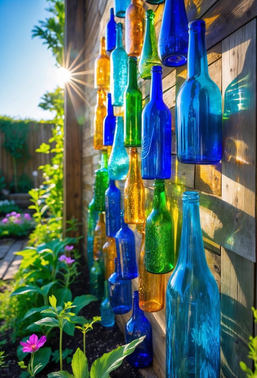A garden wall decorated with colorful glass bottles arranged as art, surrounded by green plants and flowers.
