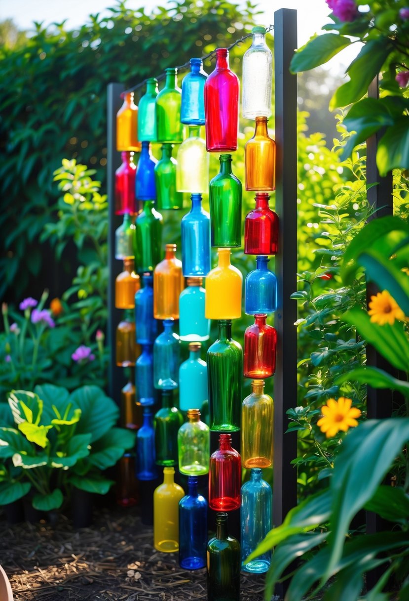 A garden fence made from colorful glass bottles arranged vertically, surrounded by green plants and flowers.