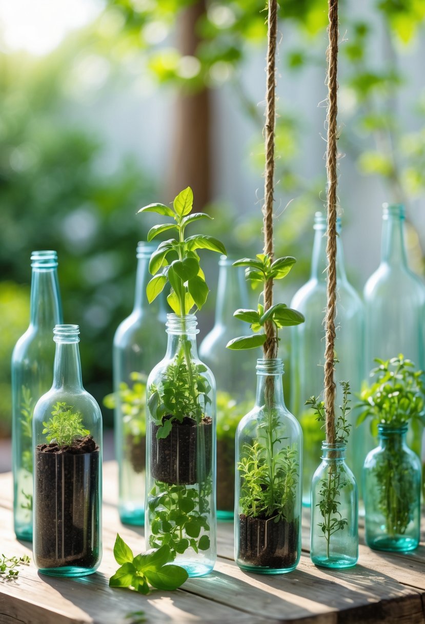 Twelve glass bottles creatively reused as herb planters with green herbs growing inside, displayed on a wooden surface in a bright garden setting.